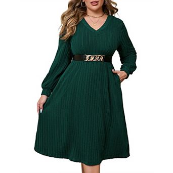 Women's Plus Size V-Neck Batwing Sleeve Sweater Dress with Elastic Waist Belt