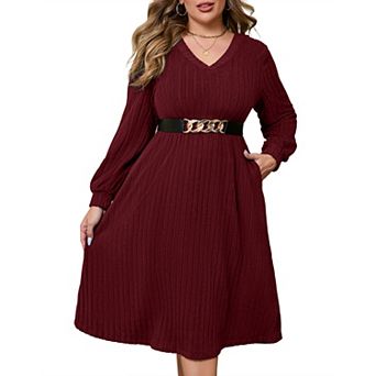 Women's Plus Size V-Neck Batwing Sleeve Sweater Dress with Elastic Waist Belt