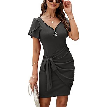 Women's V Neck Ruched Bodycon Dresses Short Sleeve Tie Waist with Zipper Mini Dress