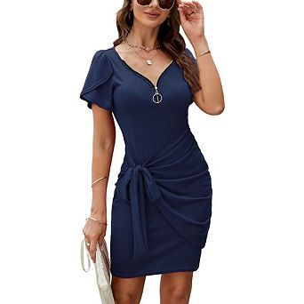 Women's V Neck Ruched Bodycon Dresses Short Sleeve Tie Waist with Zipper Mini Dress