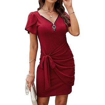 Women's V Neck Ruched Bodycon Dresses Short Sleeve Tie Waist with Zipper Mini Dress