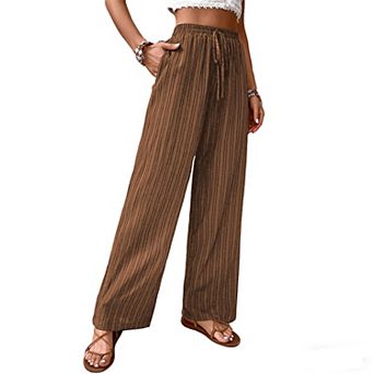 Women's Wide Leg Pants - Vertical Striped High Waist Drawstring Lightweight Casual Summer Trousers