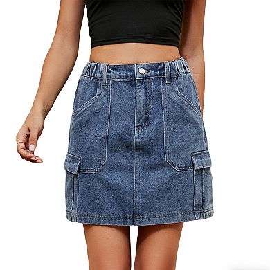 Women's Elastic Waist Washed Denim Boho Mini Skirt Summer Casual Slim Short Soft Skirt Pockets