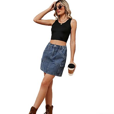 Women's Elastic Waist Washed Denim Boho Mini Skirt Summer Casual Slim Short Soft Skirt Pockets