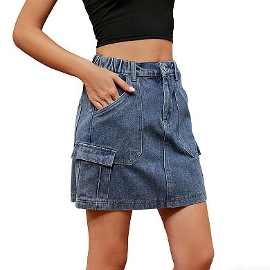Women's Elastic Waist Washed Denim Boho Mini Skirt Summer Casual Slim Short Soft Skirt Pockets