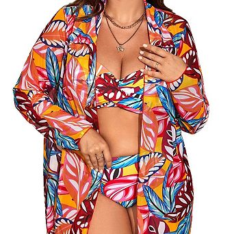 Women's Plus Size 3 pc Beach Outfit Twist Bikini Sheer Kimono Casual Cover Up