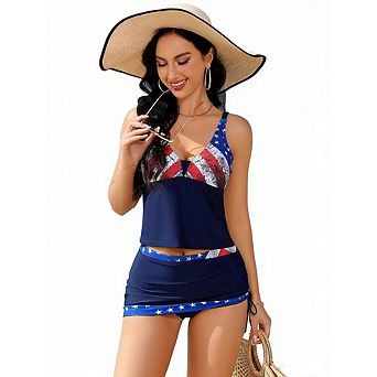 Womens 2 pc Tankini Set Color Block V Neck Top Drawstring Skirted Bottom Beach Pool Swimsuit