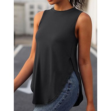 Women's Tank Tops Side Split Sleeveless Round Neck Asymmetrical Tee Curved Hem Top