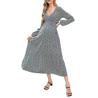 Women's Maternity Maxi Dress Casual Wrap V Neck Long Sleeve Tie Waist Ruffle Boho Long Dresses