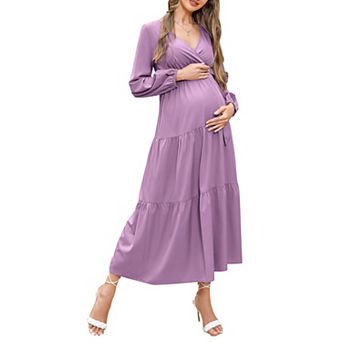 Women's Maternity Maxi Dress Casual Wrap V Neck Long Sleeve Tie Waist Ruffle Boho Long Dresses