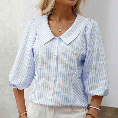 Women Striped Puff Sleeve Button Down Shirt Casual V-Neck Blouse