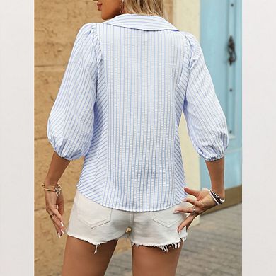 Women Striped Puff Sleeve Button Down Shirt Casual V-Neck Blouse