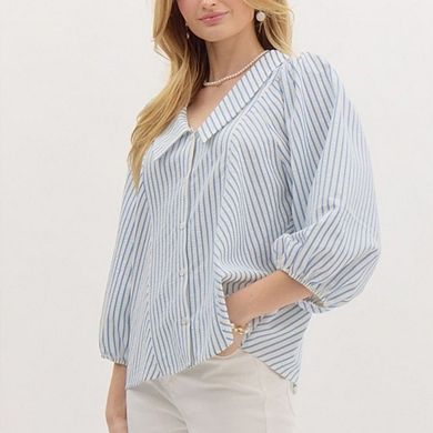 Women Striped Puff Sleeve Button Down Shirt Casual V-Neck Blouse