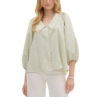 Women Striped Puff Sleeve Button Down Shirt Casual V-Neck Blouse