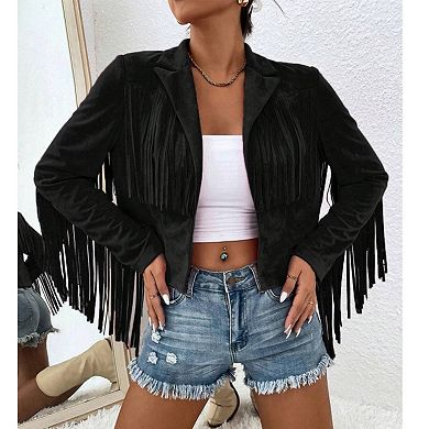 Women's Faux Suede Fringe Blazer, Western Style Cropped Open-Front Jacket with Lapel Collar