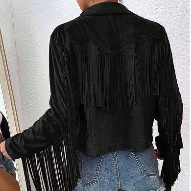 Women's Faux Suede Fringe Blazer, Western Style Cropped Open-Front Jacket with Lapel Collar