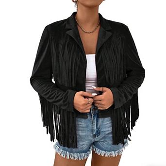 Women's Faux Suede Fringe Blazer, Western Style Cropped Open-Front Jacket with Lapel Collar