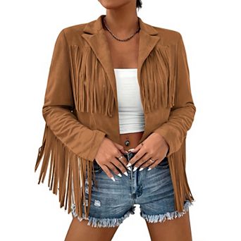 Women's Faux Suede Fringe Blazer, Western Style Cropped Open-Front Jacket with Lapel Collar