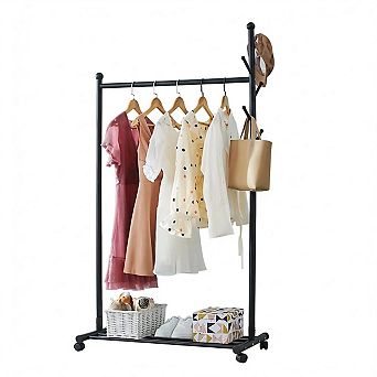 Portable Clothes Rack on Wheels, Bedroom Metal Clothing Rails with Bottom Shoes Shelf
