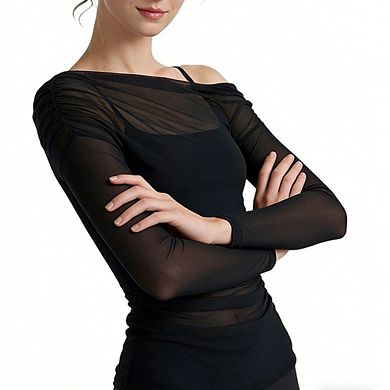 Women's Sheer Mesh Top One-Shoulder Ruched Long Sleeve Top