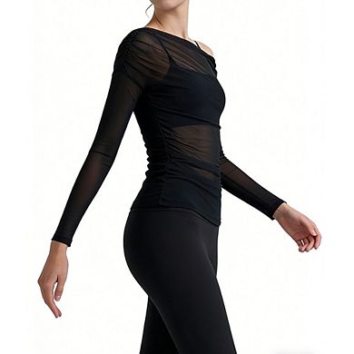 Women's Sheer Mesh Top One-Shoulder Ruched Long Sleeve Top
