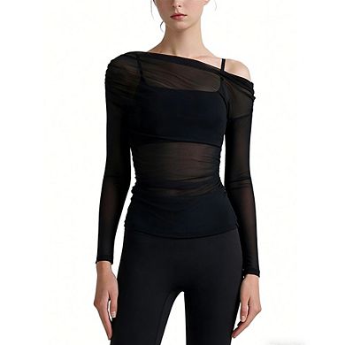 Women's Sheer Mesh Top One-Shoulder Ruched Long Sleeve Top