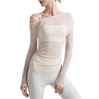 Women's Sheer Mesh Top One-Shoulder Ruched Long Sleeve Top