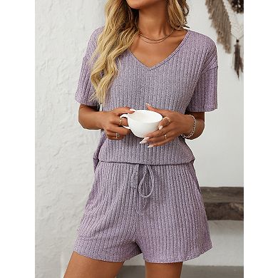 Women's Two Piece Lounge Set V-Neck Ribbed Top Drawstring Shorts Casual Outfit