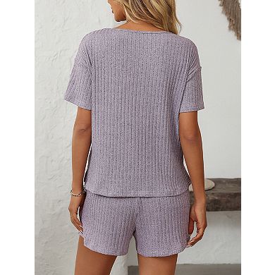 Women's Two Piece Lounge Set V-Neck Ribbed Top Drawstring Shorts Casual Outfit