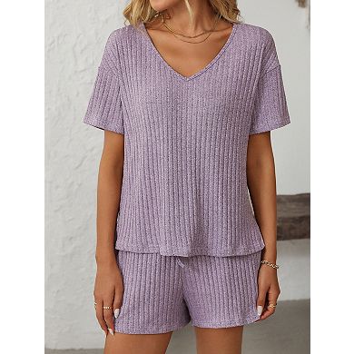 Women's Two Piece Lounge Set V-Neck Ribbed Top Drawstring Shorts Casual Outfit