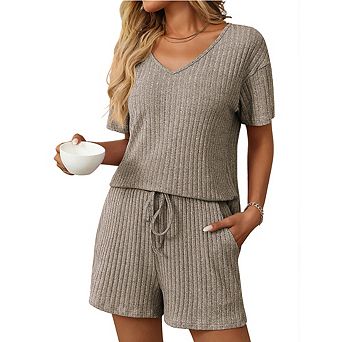 Women's Two Piece Lounge Set V-Neck Ribbed Top Drawstring Shorts Casual Outfit