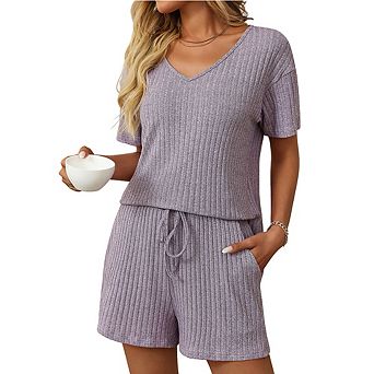Women's Two Piece Lounge Set V-Neck Ribbed Top Drawstring Shorts Casual Outfit