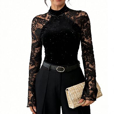 Women's Velvet & Lace Mock Neck Bodysuit, Sparkle Glitter Long-Sleeve Top