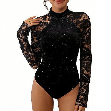 Women's Velvet & Lace Mock Neck Bodysuit, Sparkle Glitter Long-Sleeve Top