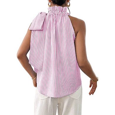 Women's Sleeveless Halter Neck Ruffle Striped Tie Shoulder Flowy Summer Top