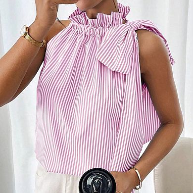 Women's Sleeveless Halter Neck Ruffle Striped Tie Shoulder Flowy Summer Top