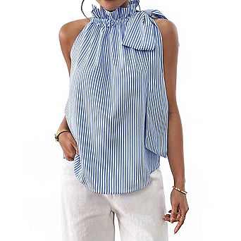 Women's Sleeveless Halter Neck Ruffle Striped Tie Shoulder Flowy Summer Top