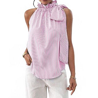 Women's Sleeveless Halter Neck Ruffle Striped Tie Shoulder Flowy Summer Top
