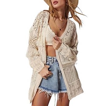 Women's Boho Crochet Knit Cardigan, Open-Front Fringe Hem Beach Cover-Up