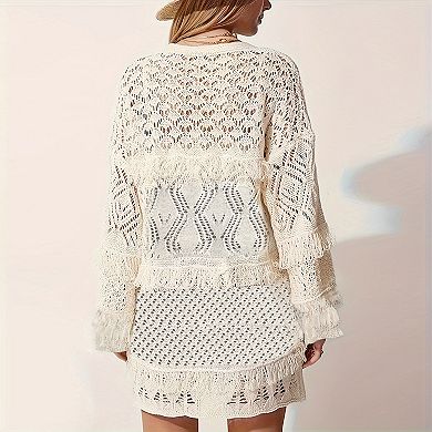 Women's Boho Crochet Knit Cardigan, Open-Front Fringe Hem Beach Cover-Up