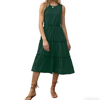 Women's Sleeveless Ruched Ruffle Tiered Summer Maxi Boho Dress Casual Crew Neck A Line Long Dress