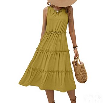 Women's Sleeveless Ruched Ruffle Tiered Summer Maxi Boho Dress Casual Crew Neck A Line Long Dress