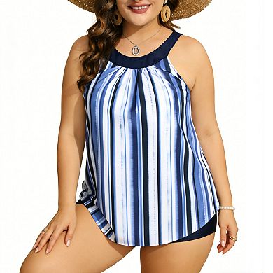 Women's Plus Size Halter Tankini Set, Geometric Stripe Print Swimwear with Boy Shorts