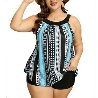 Women's Plus Size Halter Tankini Set, Geometric Stripe Print Swimwear with Boy Shorts