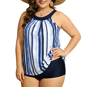 Women's Plus Size Halter Tankini Set, Geometric Stripe Print Swimwear with Boy Shorts