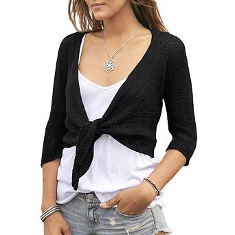 Women's Tie Front Shrug 3/4 Sleeve Bolero Sheer Knotted Lightweight Short Shawl Cardigan Sweaters