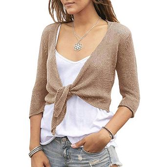 Women's Tie Front Shrug 3/4 Sleeve Bolero Sheer Knotted Lightweight Short Shawl Cardigan Sweaters