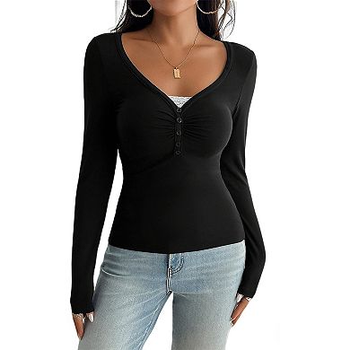 Women's Ruched V-Neck Henley Top, Slim-Fit Long Sleeve Stretch Knit Blouse