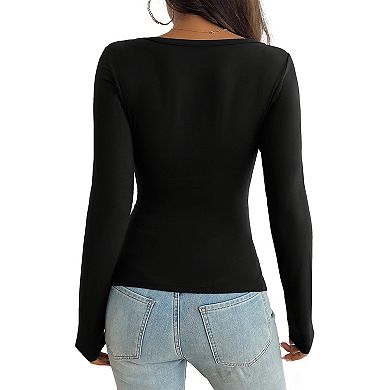 Women's Ruched V-Neck Henley Top, Slim-Fit Long Sleeve Stretch Knit Blouse