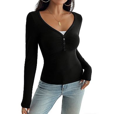 Women's Ruched V-Neck Henley Top, Slim-Fit Long Sleeve Stretch Knit Blouse